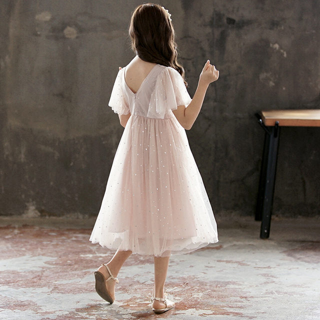 Girls V-neck mesh skirt summer short-sleeved princess skirt 2022 Korean version of the new middle and large children's dress