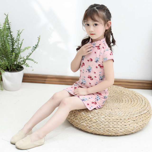 Summer children's clothing girls short-sleeved cheongsam small and medium children's ethnic Chinese style dress Tang suit casual retro girl