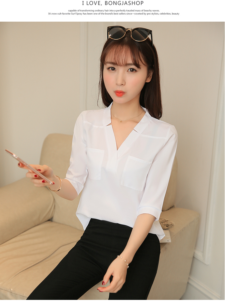 Mùa xuân 2017 hè mới của phụ nữ trùm đầu áo sơ mi trắng cổ chữ V nữ tay áo bảy điểm áo voan Han Fan giản dị áo sơ mi voan kiểu hàn quốc
