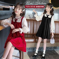 Girls dress 2021 new childrens court dress autumn foreign atmosphere children autumn golden velvet dress Autumn Winter