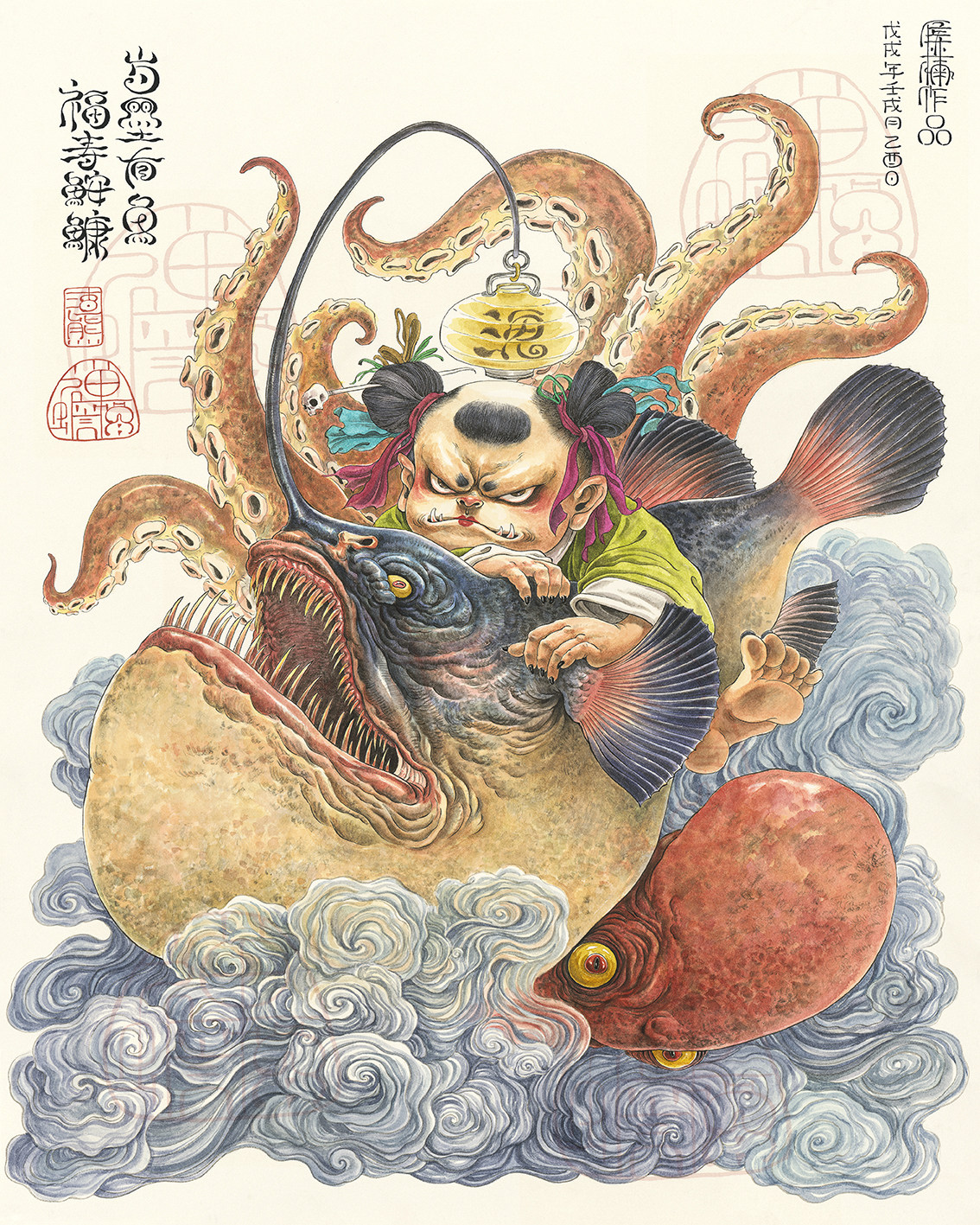 Slag bear original Zen toad greedy artistic micro-spray decorative painting year-old ink with fish, blessing and longevity, angler, red beech wood picture frame