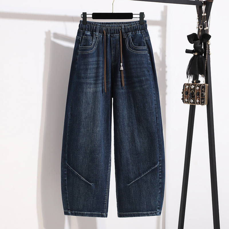 Elastic Waist Stretch Jeans for Women, New Plus Size, High Waist, Slimming, Loose Drawstring Wide-Leg Scimitar Pants, Trendy