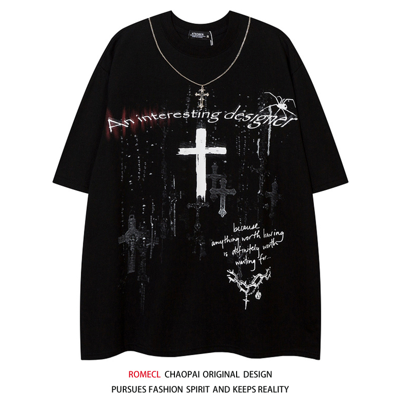 Romecl Cool Street Style Cross Necklace Short-Sleeve T-Shirt Unisex Summer Dark Style American Half-Sleeve