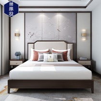 New Chinese bed solid wood double bed modern Chinese fabric leather art wedding bed model room bedroom hotel B & B furniture