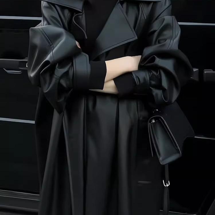 High-End Dark Style, Light Luxury, High-End Fashion, Slim-Fitting Over-The-Knee Long Leather Jacket, Women's Fashionable Coat for Spring and Autumn