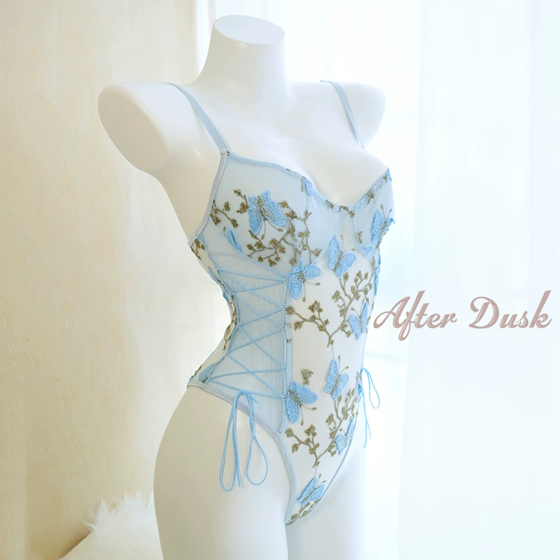 [Clear Stock] Jade Butterfly Embroidered Jumpsuit Женские сексуальное бабочка вышивка комбинезон верхняя одежда пижама прозрачная внутренняя эластичная