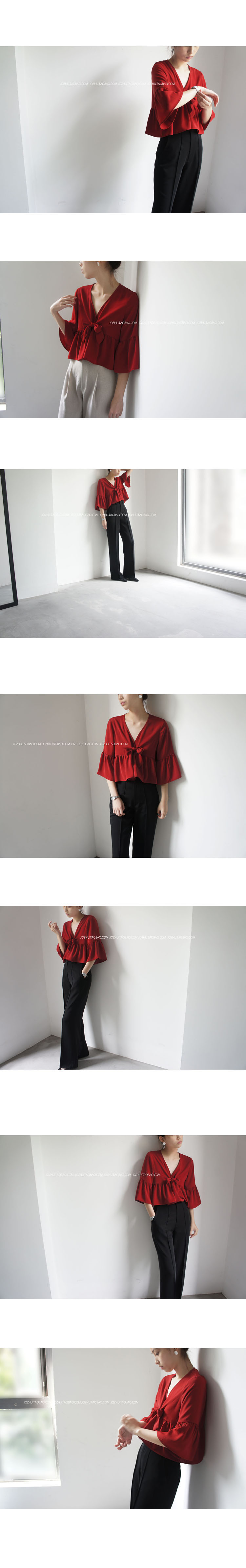 JO-JO-Z độc quyền retro tuổi retro lựu đỏ V-Cổ bow áo micro-peng ngắn ngắn nhẹ nhàng bắt mắt áo sơ mi áo sơ mi kẻ