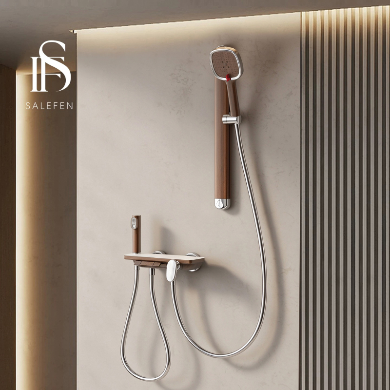 Salifen I Antique-Style Topless Showerhead Set for Home Use, Split-Type, All-Copper, Minimalist Walnut Wood Grain