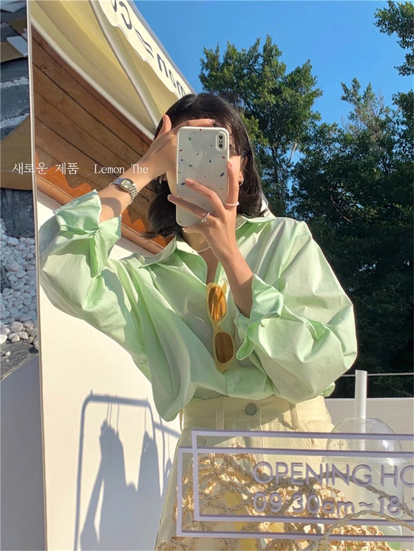 Minimalist Style Mint Green Long-Sleeved Shirt for Women 2026 Spring and Summer New Design Niche Candy-Colored Cotton Shirt