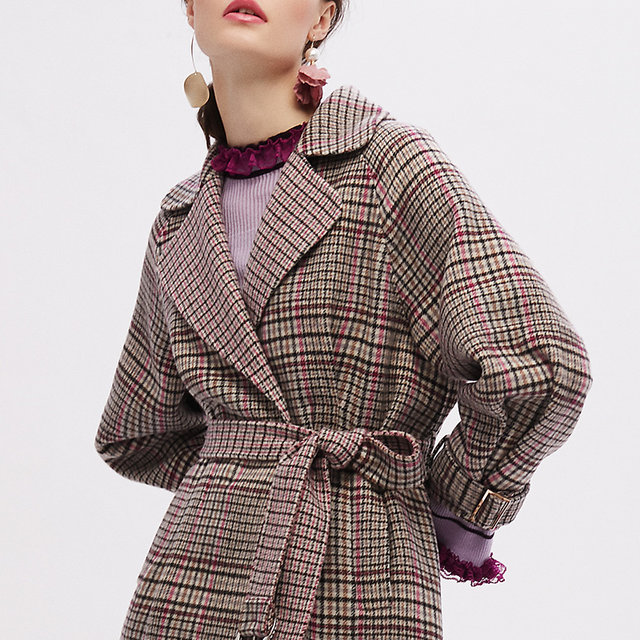 HONB Red Beti Autumn and Winter New Mid-Length Plaid Wool Coat Fashionable Slim Warm Long-Sleeved Coat for Women