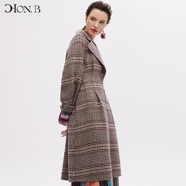 HONB Red Beti Autumn and Winter New Mid-Length Plaid Wool Coat Fashionable Slim Warm Long-Sleeved Coat for Women