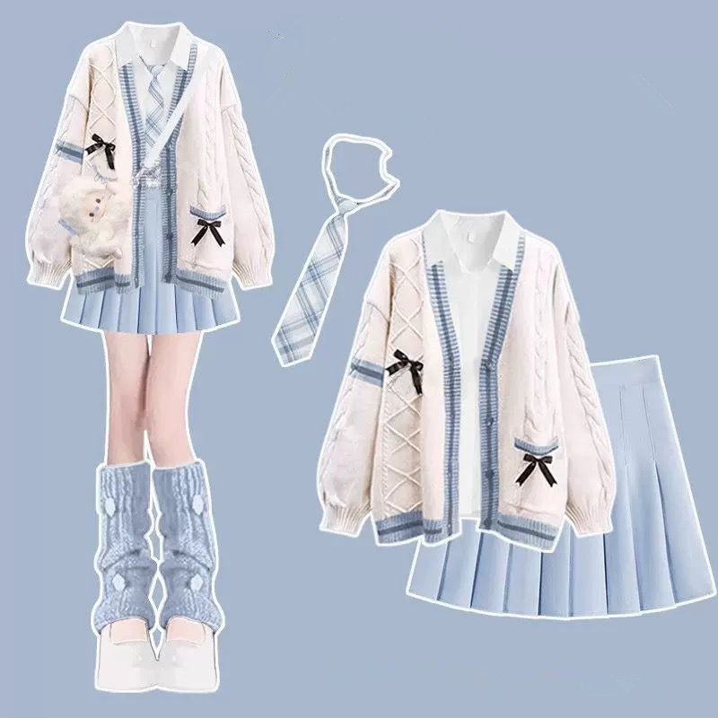 Spring and Autumn New Dopamine Style Youthful Fashion Outfit: Cardigan Sweater + Shirt + Sweet Pleated Skirt Three-Piece Set