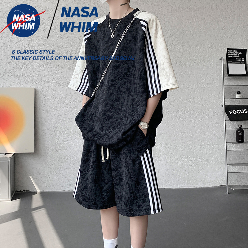 Nasa Co-Branded American Trendy Brand Color-Block Tie-Dye Webbing Short-Sleeve Suit for Men, Summer Loose-Fitting Sportswear Two-Piece Set