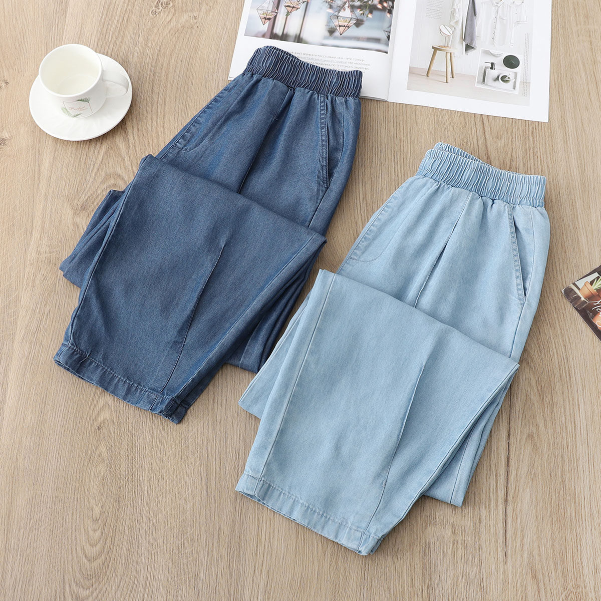 Tencel jeans women's spring and summer thin casual nine-point pants Korean version loose large size elastic waist harem eight-point pants