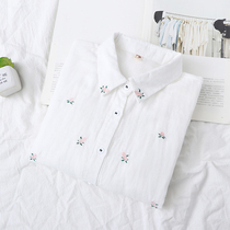 Double cotton yarn womens 2021 spring sweet wild body embroidered white shirt Small fresh cotton long-sleeved shirt