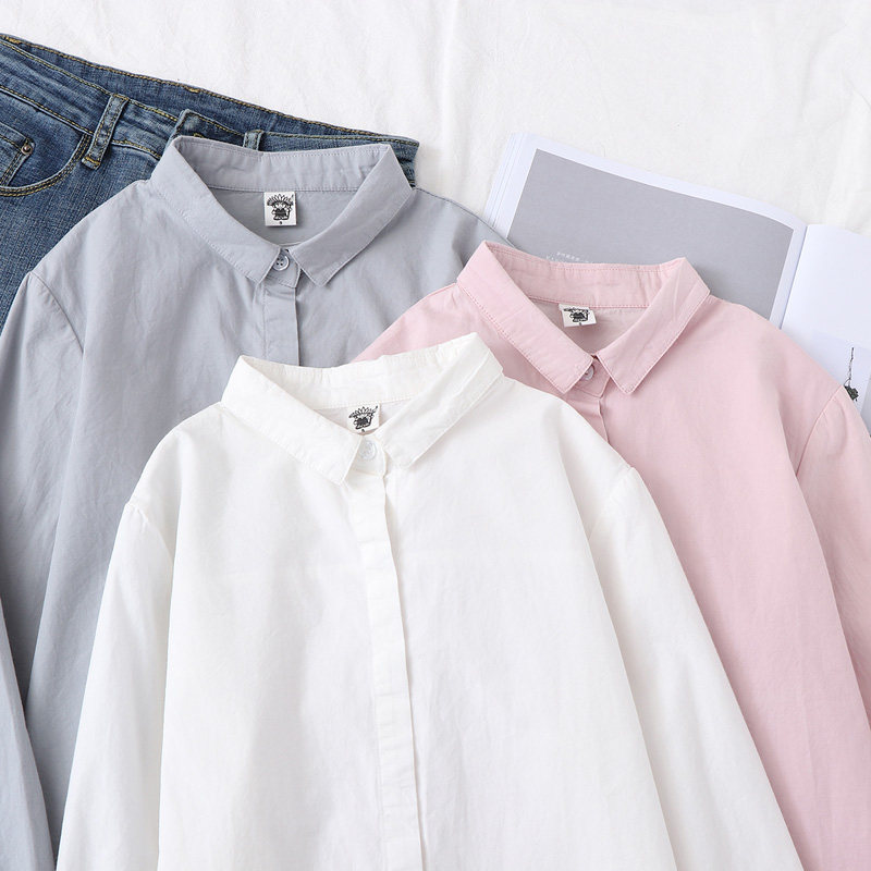 White Shirt Woman Spring Dress New Little Fresher 100 Hitch Pure Cotton Girl Shirt Tip Dark sleeve Long student hit undershirt