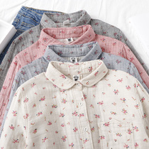 Double cotton yarn white shirt womens spring new literary floral cotton shirt small fresh loose all-round base shirt