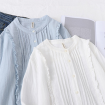 Cotton Cotton White Shirt Woman Spring Dress New Art Style Wind Full Cotton Stand Flower Side Accordion Shirt Loose Long Sleeve Undershirt