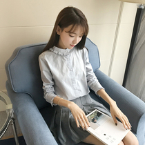 2021 spring new small fresh cotton white shirt female fungus lace stand collar lover flower long-sleeved base shirt