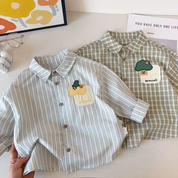 Spring and autumn cartoon plaid long-sleeved shirts for boys and girls