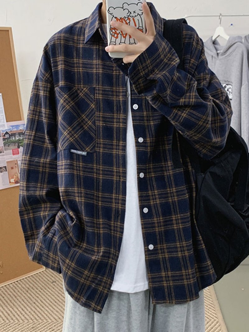 Plaid Long-Sleeved Shirt for Men, Spring and Autumn, Loose Casual Retro Old Money Style, Brushed Large Size, Can Be Worn Inside or Outside, Shirt Jacket
