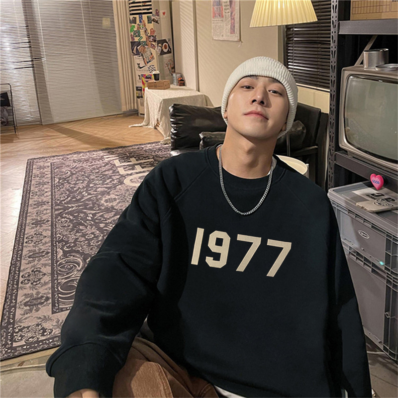 American Retro Heavyweight 1977 Crewneck Sweatshirt for Men, Autumn and Winter Trendy Brand Couple Outfit, Fleece-Lined and Thickened Top Jacket