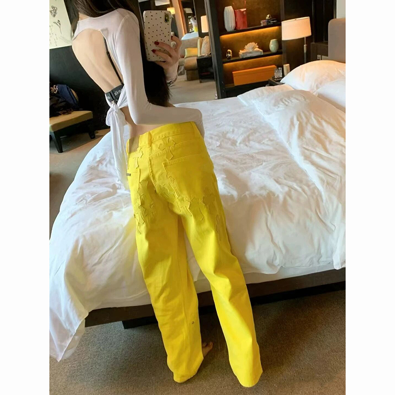 Yellow Heavy-Duty Cross Embroidery Patchwork High-Waisted Straight-Leg Jeans for Women 2025 New Loose Wide-Leg Pants Long Pants