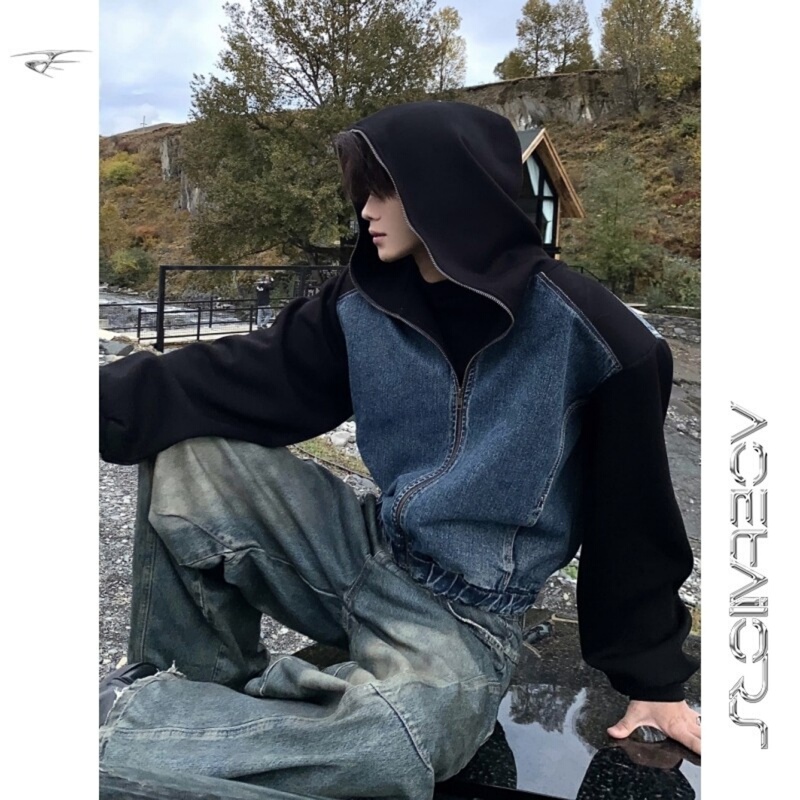 Ace' Niche Design Patchwork Denim Jacket for Men, American High Street Retro Silhouette with Padded Shoulders and Hooded Sweatshirt