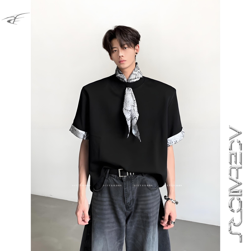 Ace'Versatile Snake Collar' Niche Design Patchwork Shoulder Pad Short-Sleeve T-Shirt for Men, Heavyweight American Retro Loose Top