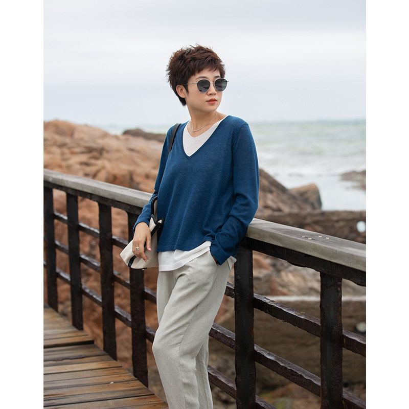 Stack-wearing effect temperament to be full ~ display slim to bone sensation V collar round lead fake two-knit cardigan sweatshirt woman