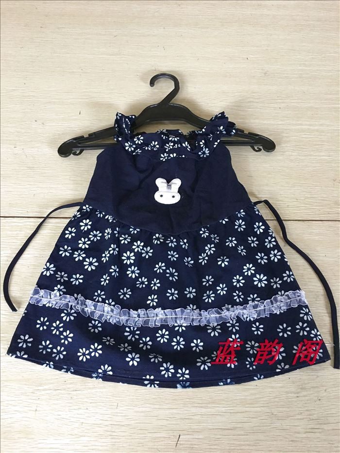 Hot selling girls summer dress cotton blue printed fabric lace wrinkled collar princess dress sleeveless vest stitching dress