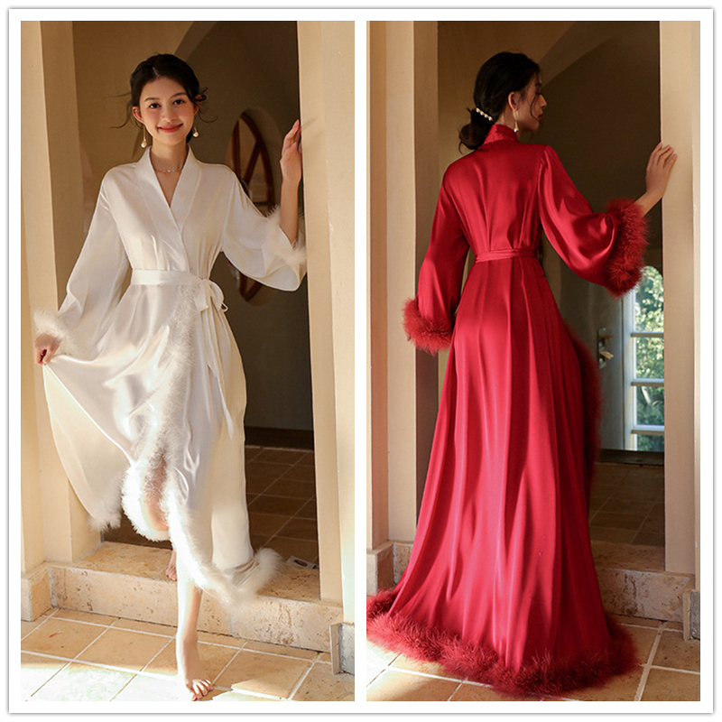 French-Style Morning Robe for Women, Sexy Bridal Nightgown for Wedding Morning Photos, White Fairy-Like Floor-Length High-End Feather Nightgown, Red French-Style Morning Robe for Women, Sexy Bridal Nightgown for Wedding Morning Photos, White Fairy-Like Floor-Length High-End Feather Nightgown, Red