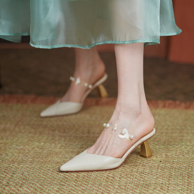 ins Self - Mega ~ Sandals Summer Pearl with rice white tip high heel wear semi-slippers