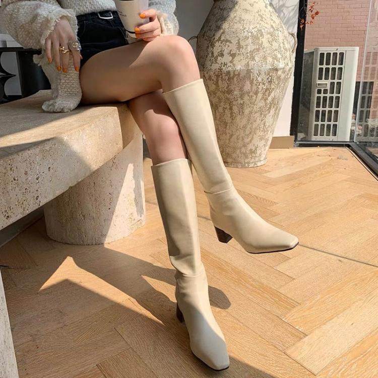 ins strong push giant beauty self-leaving ~ rice white genuine leather coarse heel knight long boots and knee boots high cylinder boots woman