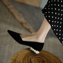 Self-retained giant beautiful ~ 2021 New Pearl with pointed head shallow leather single shoes small flat shoes women