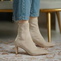 ins push self-retention fashionable versatile ~ net red pointed thin heel short boots spring and autumn high heel elastic boots female