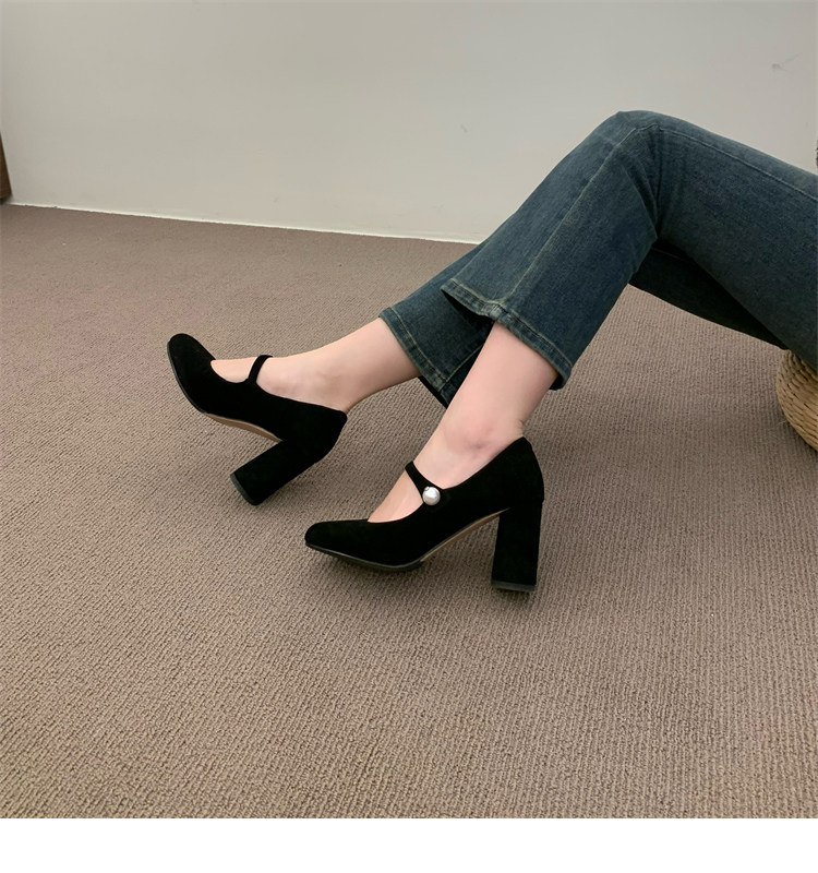 Туфли Мэри Джейн 店主自留~！小众珍珠一字扣带粗跟单鞋法式高跟赫本鞋玛丽珍鞋女