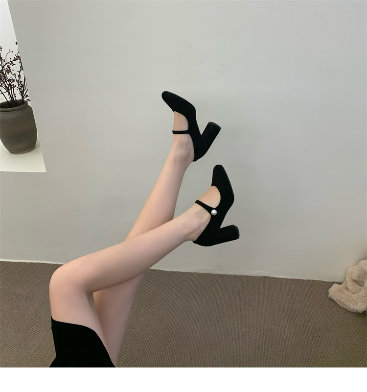 Туфли Мэри Джейн 店主自留~！小众珍珠一字扣带粗跟单鞋法式高跟赫本鞋玛丽珍鞋女