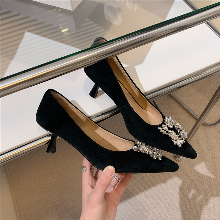 Ins jumei self-keep 22 spring snowflake rhinestone square buckle pointed toe heel shallow shoes women's stiletto heel sheepskin bag shoes