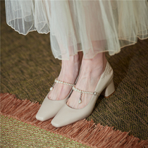 Small crowddesign Korean ensemble Gentle Pearl Coarse Heel Shallow Mouth Style Square Head Single Shoes Little High Heel Fairy Mary Precious Shoes