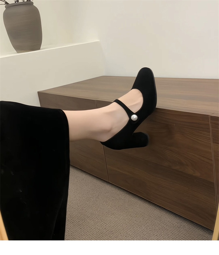 Туфли Мэри Джейн 店主自留~！小众珍珠一字扣带粗跟单鞋法式高跟赫本鞋玛丽珍鞋女