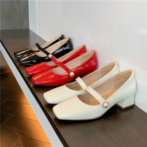 Shop owner self-left Korea INS pearl-in-belt thick heel square head Mary Jane shoes with painted leather single shoe woman
