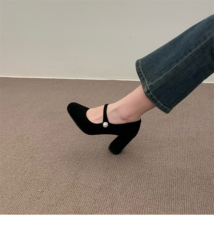 Туфли Мэри Джейн 店主自留~！小众珍珠一字扣带粗跟单鞋法式高跟赫本鞋玛丽珍鞋女