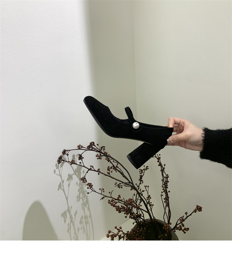 Туфли Мэри Джейн 店主自留~！小众珍珠一字扣带粗跟单鞋法式高跟赫本鞋玛丽珍鞋女