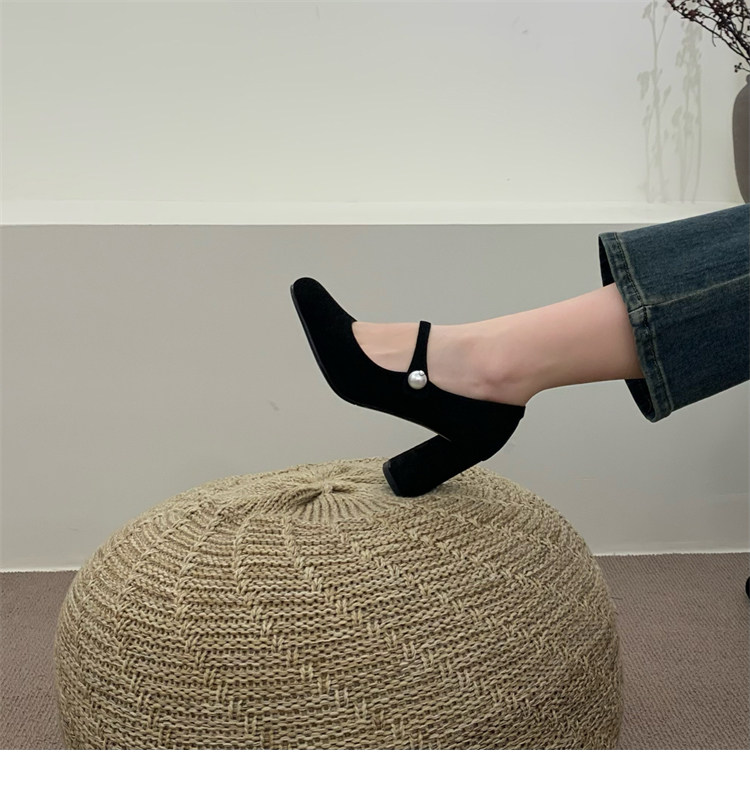 Туфли Мэри Джейн 店主自留~！小众珍珠一字扣带粗跟单鞋法式高跟赫本鞋玛丽珍鞋女