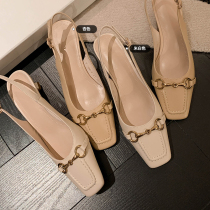 High sense giant comfortable metal buckle rear empty shallow mouth low heel square head single shoe 100 hitch genuine leather Baotou sandal