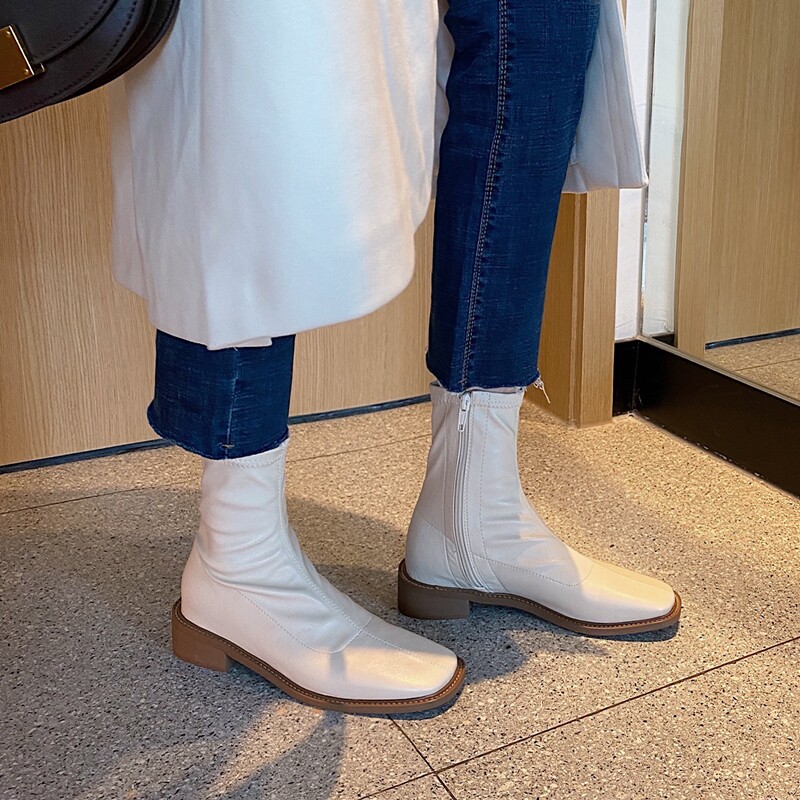 ins self-reservation giant thin ~ Korean rice white flat thin thin elastic boots square toe short boots Martin boots women