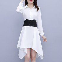 Sweet and cool Wind-in-the-air shirt design feeling irregular skirt Fat mm Fall light cooked Fan Temperament Big Code Dress Dress