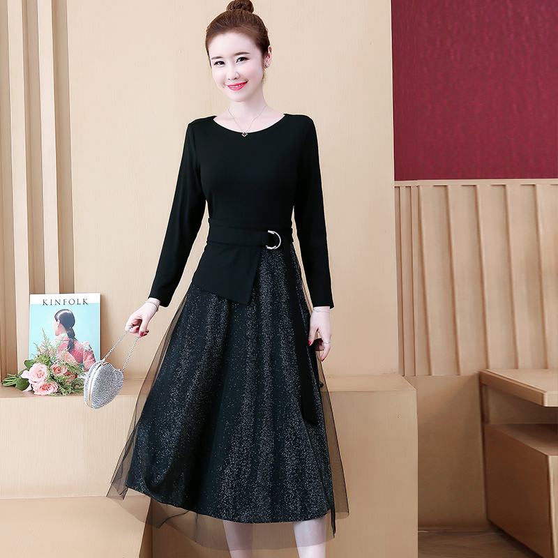 Early autumn long-sleeved dress Large size waist thin temperament fat mm Vintage French mesh fake two-piece skirt