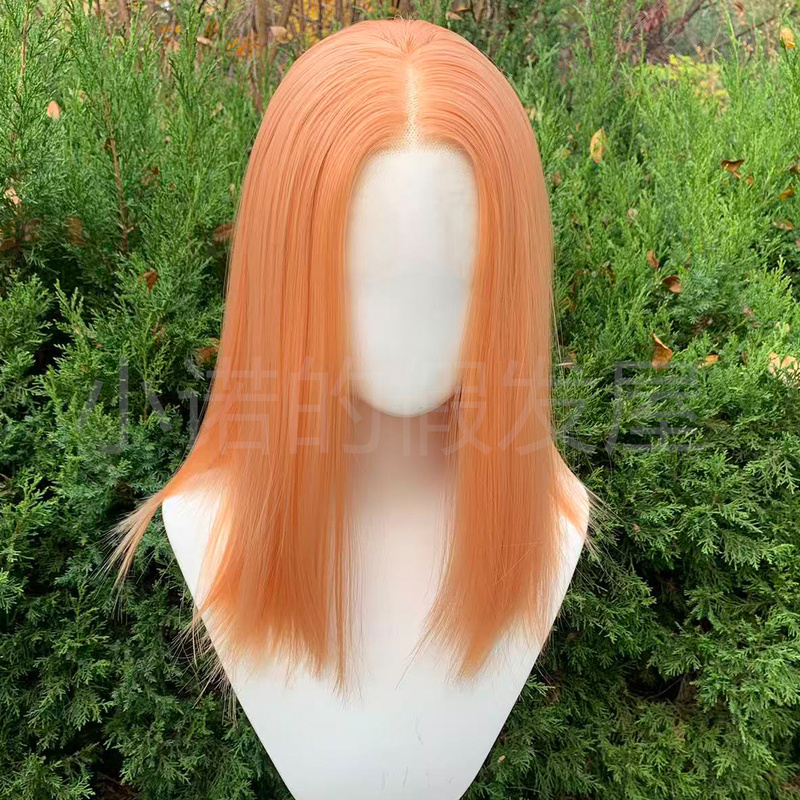 Orange-Pink Hand-Crocheted Lace Front Wig with Middle Parting and Shawl-Style Hair, Suitable for Cosplay and Daily Use, Made of High-Temperature Silk with Smooth Straight Hair Orange-Pink Hand-Crocheted Lace Front Wig with Middle Parting and Shawl-Style Hair, Suitable for Cosplay and Daily Use, Made of High-Temperature Silk with Smooth Straight Hair